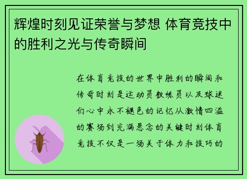 辉煌时刻见证荣誉与梦想 体育竞技中的胜利之光与传奇瞬间